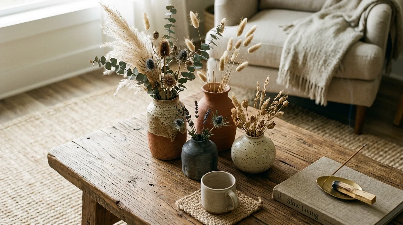 Use plants as structure, not clutter inspiration for an earthy living room.